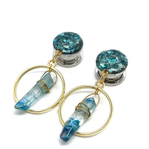 Blue Crystal Stud Earrings to 2” 50mm Dangle Plugs, Glitter Ear Plugs 25mm 16mm 12mm 14mm 12g 00g 1g 28mm 32mm 35mm 38mm 40mm 42mm