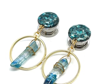 Blue Crystal Stud Earrings to 2” 50mm Dangle Plugs, Glitter Ear Plugs 25mm 16mm 12mm 14mm 12g 00g 1g 28mm 32mm 35mm 38mm 40mm 42mm