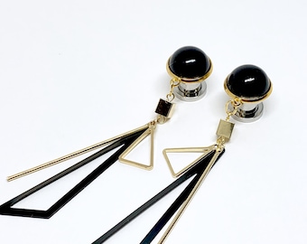 Black and Gold 2g Dangle Plugs 0g Hider Ear Plugs 6g 4g Geometric Plugs 7/16” 000g 00g Geometric Plugs 11mm 10mm 8mm 6mm 5mm 4mm Gauge