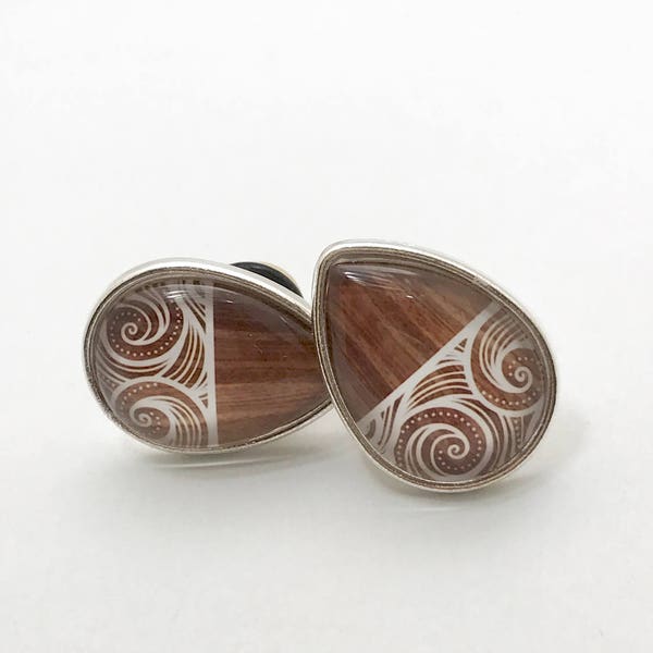 1g 0g Teardrop Ear Plugs Earrings 00g 2g 4g Tribal Wood Cream Pattern 1/2 Gauges 9/16” 5/8”