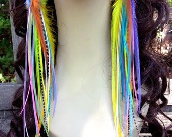 Feather Earrings Long Summer Rainbow, Very Long Bright Feather Earings, Festival Feather Jewelry