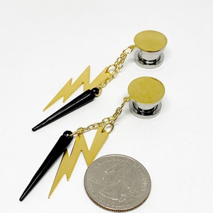 Hanging Dangle Plugs Black Spike Lightning Bolt Gauges, Raw Brass Cap 14g 16g 8g 12g 10g 6g 4g 2g 0g 00g 000g 1/2 Hider Ear Plugs Earrings image 4
