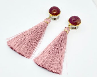 1/2" Rose Tassel Dangle Plugs 9/16 inch Gauged Earrings, Gold and Mauve Ear Plugs 12mm/14mm/16mm