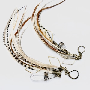 Natural Feather Earrings with Quartz and Rhombus Charms, Feather Jewelry Statement Earrings