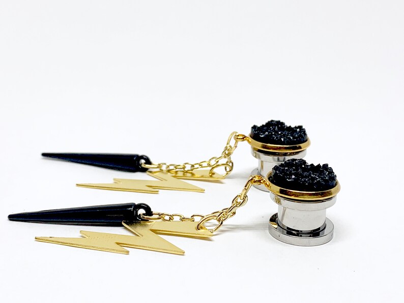 Dangle Gauges Black Spike Lightning Bolt Hanging Plugs Druzy Etsy