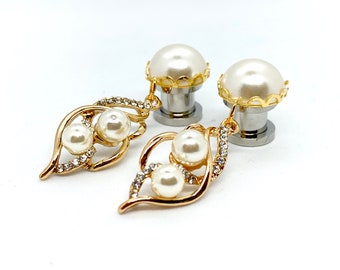 Gold Bridal Dangle Plugs Earrings Pearl Crystal Drop 00g 0g 2g 6g 4g Formal Wedding EarPlugs Gauges