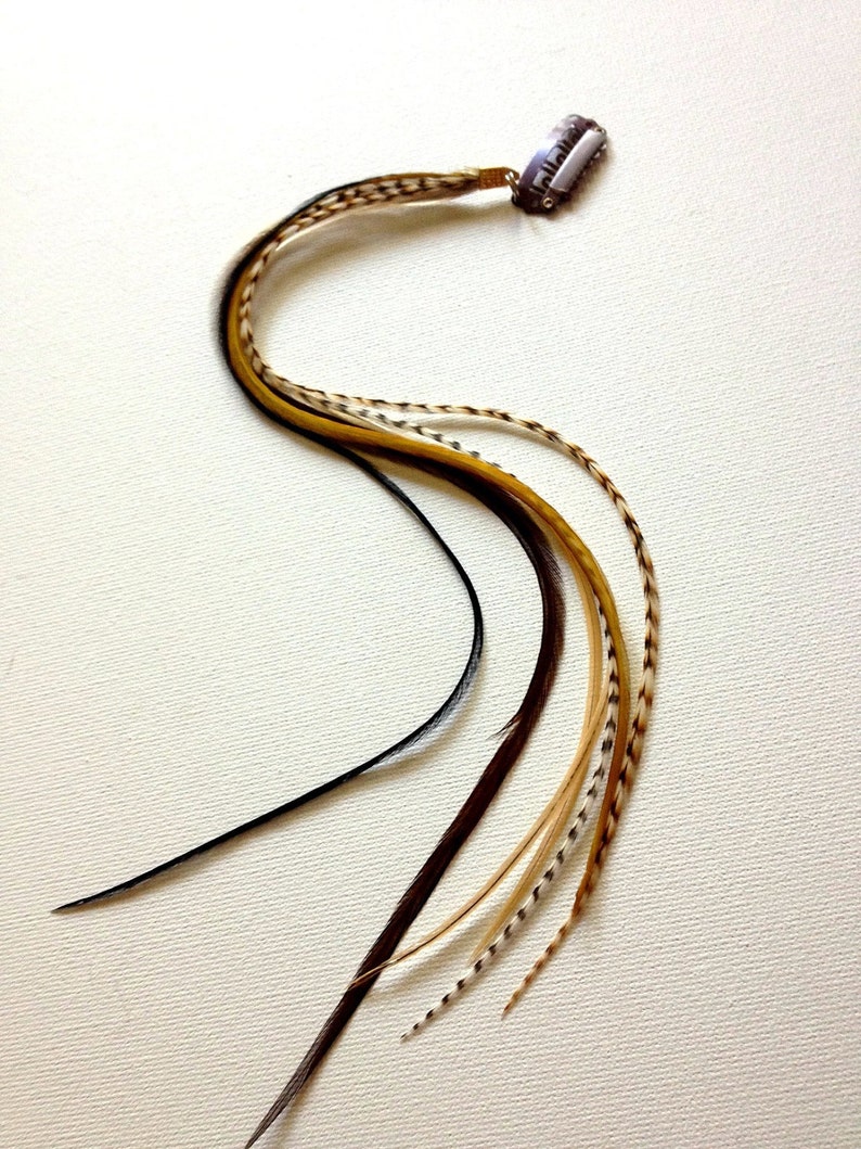 May include: A hair feather extension with a metal clip. The feathers are a mix of black, brown, tan, and yellow. The clip is silver and has a small, decorative design.