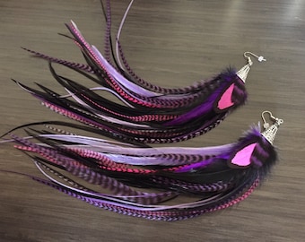 Boucles d'oreilles longues plumes en édition limitée Boucles d'oreilles plumes violettes rose vif noir Long Dangle Feather Jewelry