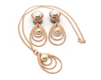 Rose Gold Pearl Dangle Plugs and Necklace Set, Post Earrings To 1” 25mm Gauged Earrings, Bridesmaids Gift 1g 00g 5/8” 2g 8g 12mm 14mm