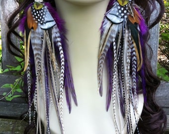 Long Feather Earrings Purple Princess, Big Thick Grizzly Feather Earrings, Summer Jewelry Feather Earings