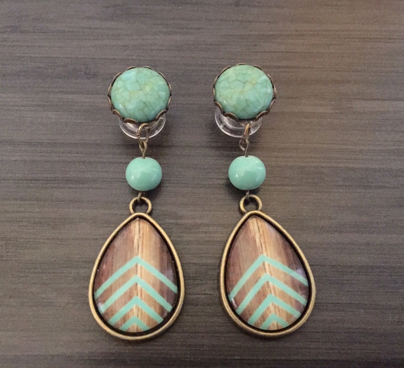 0g Dangle Plugs 4g, 2g Gauged Earrings Mint Chevron Wood Pattern Teardrop Plugs 6g Ear Plugs, 00g Dangly Body Jewelry Dangle Gauges 