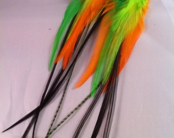 Long Feather Earrings - Neon Green Eyes - Bright Feather Extension Earings Neon Jewelry Hooks or Clip On's