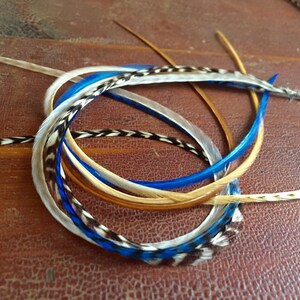 May include: A set of feather hair extensions in blue, white, and brown colors. The feathers are tied together with a clear thread.