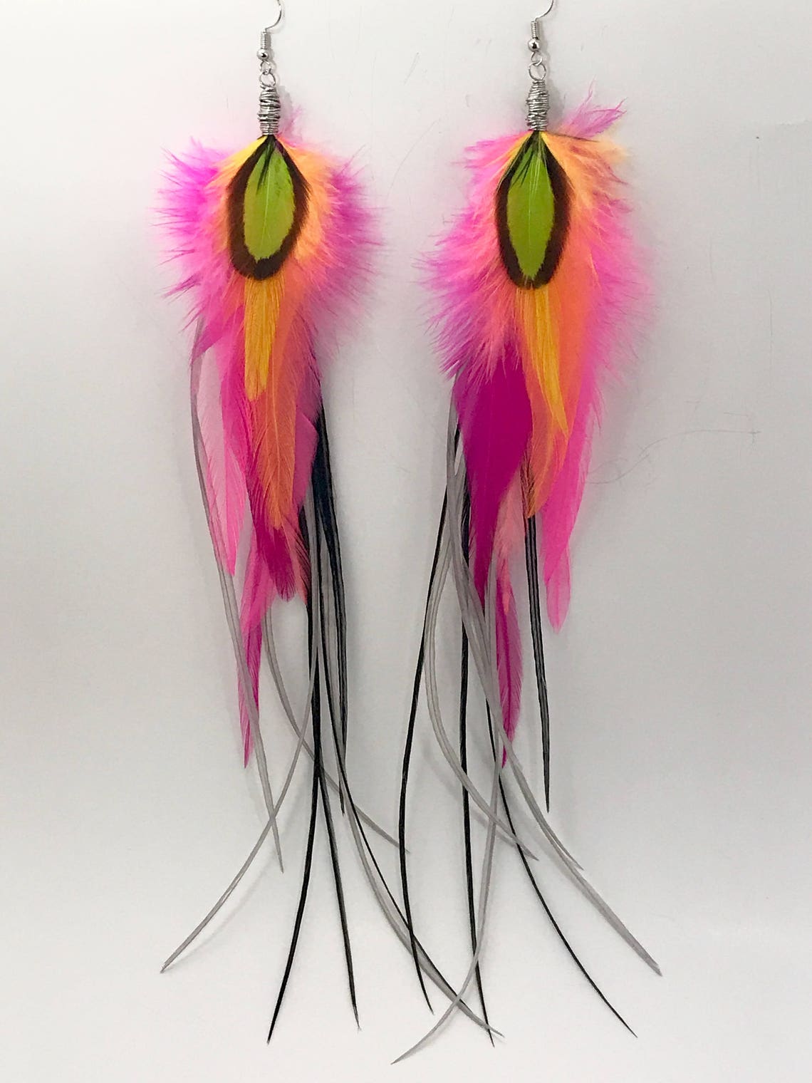 Long Feather Earrings Candy Land Bright Neon Feather Etsy