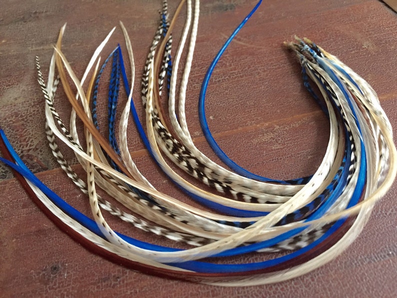 May include: A bundle of long, thin feathers in shades of white, brown, and blue. The feathers are arranged in a loose, flowing pattern.