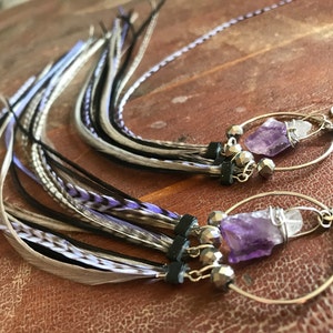Purple Feather Earrings, Silver Hoop Earrings With Amethyst Nuggets Feather Hoops Leverback Earrings