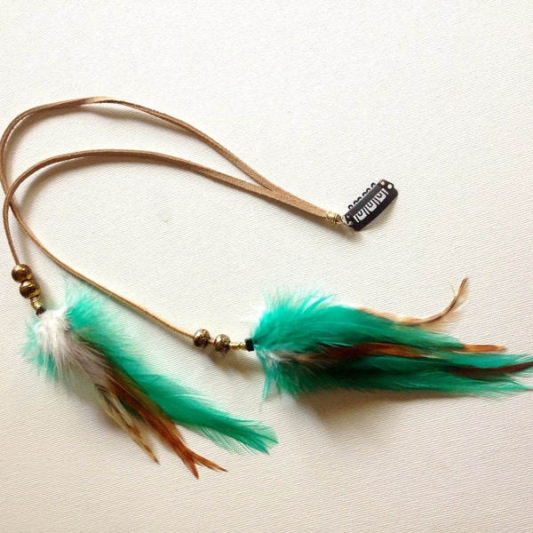 Tribal Bohemian Long Feather Clip With Beads Leather Feather Extension, Ocean Turquoise, Ginger Hair Accessories