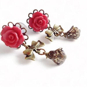 2g (6mm) to 00g (10mm) Dangle Plugs With Antiqued Brass Beaded Bows 34 Rose Colors 6g 4mm 0g 8mm 4g 5mm,6mm Hider Gauges Earrings