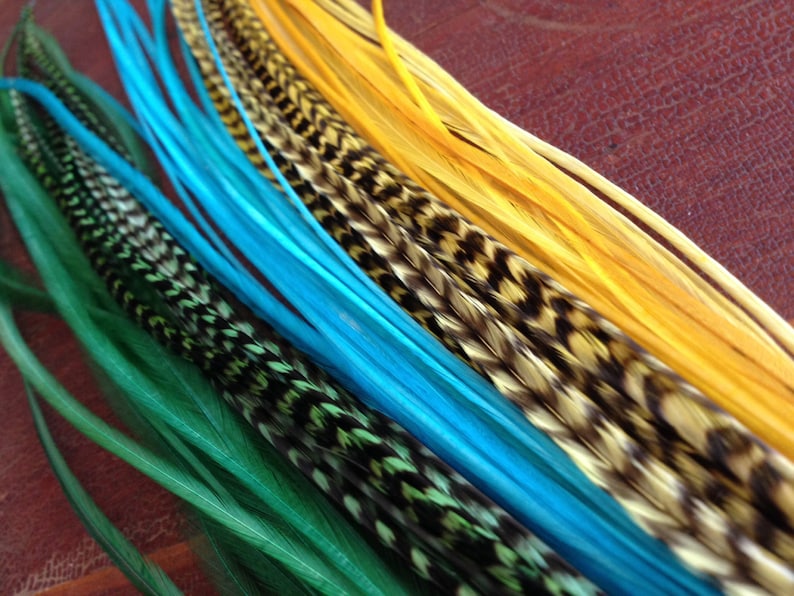 May include: A collection of feathers in various colors, including green, blue, and yellow. The feathers are arranged in a fan shape, with the tips of the feathers pointing towards the right side of the image.