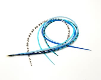 ロングフェザーヘアエクステンションキット ターコイズ、ブルー、グリズリーヘアフェザー ボンデッドフェザーエクステンション 5本束（スレダー付き）