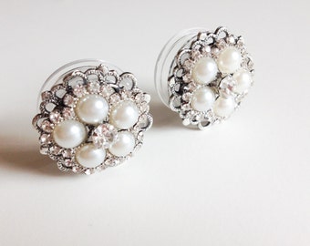 7/8 inch Rhinestone Pearl Plugs 11/16" 18mm Wedding Gauges 3/4" Plugs, 13/16" 20mm Wedding Plugs Formal Body Jewelry