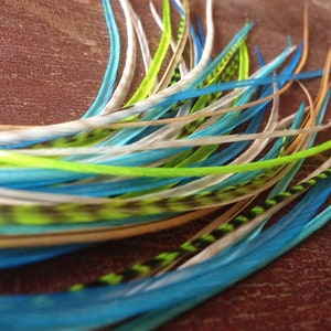 Long Hair Accessories Feather Hair Extension Bright Hair Feather Extension Bundle Turquoise Green Ghost Grizzly Blue kit beads and threader image 3