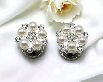 Pearl Rhinestone Crystal Flower Ear Plugs Earrings For Brides 16g 14g 12g 10g 8g 6g 4g 2g 1g 0g Hider Wedding Gauges