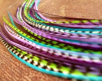 Feather Extensions Long Grizzly Feather Hair Extensions Purple, Green, Blue Bright Spring Hair Accessories, 6 Hair Feathers Kit