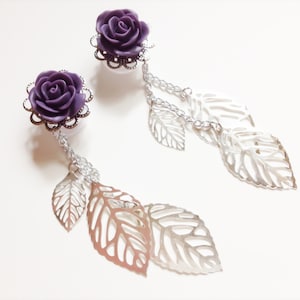 Dangle Ear Plugs Earrings with 24 Rose Colors Dangling Silver Filigree Leaves 14mm 9/16" 12mm 1/2" 5/8 16mm Gauged Hiders