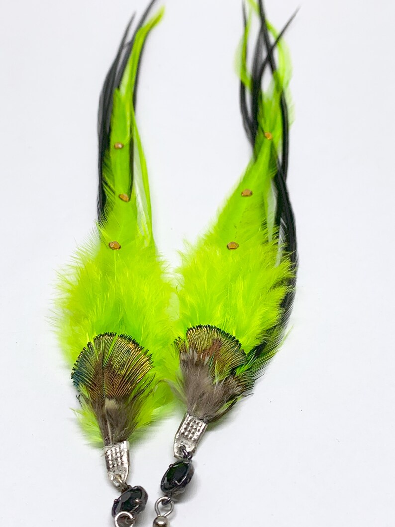 Slender Feather Earrings Chartreuse Lime Green and Black with Rhinestones OOAK Ready to Ship