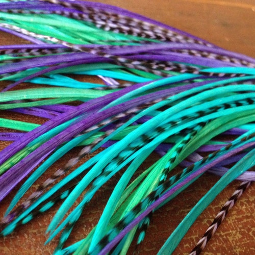 1012 Inch Feather Extensions XL Purple Turquoise Aqua Hair Etsy