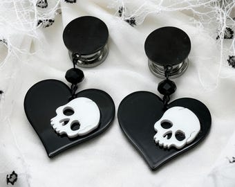 ブラック 耳栓イヤリング、スタッドイヤリング 1インチ (25 mm) ダングルプラグ パンク ゴス スカル ハロウィン ハイダーゲージ