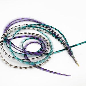 Teal Purple Grizzly Feather Extension Skinny Hair Accessory Feather Extensions 9-12inch Bonded Hair Feathers All Grizzly