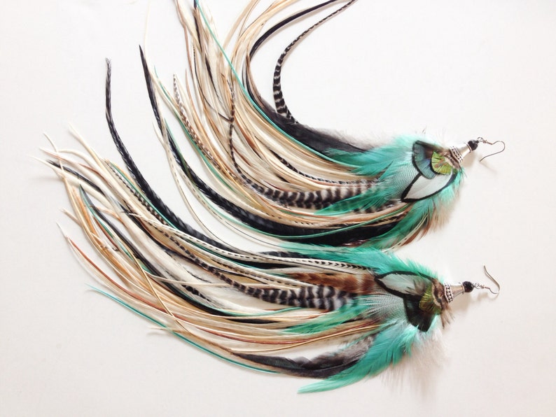 14 inch Feather Earrings Long Natural Turquoise Hippie Goddess, Big and Full Real Feather Jewelry, Summer Festival Earrings image 5