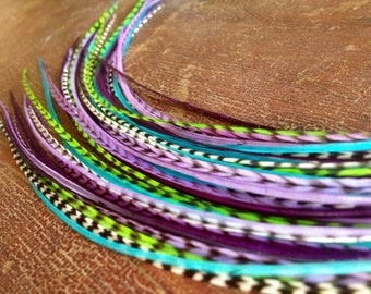Feather Hair Extensions, Marshmallow Peeps Bright Bundle, Feather Extensions, ONE Bonded With 6 Long Hair Feathers Purple Green Blue