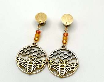 Stud Earrings to 1 inch (25mm) Honeycomb Bee Dangle Plugs Golden Brass Hider Gauges Ear Plugs 14g 12g 10g 2g 1g 4g 6g 00g 000g 7/8 22mm 16mm