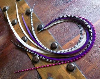 Feather Hair Extension Purple, Pink, Grey Grizzly 8 Hair Feather Bundle, Bonded Feather Extensions Kit With Threader