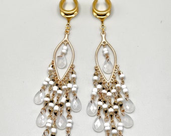 Elegant 2g 6mm to 1 3/16” 30mm Saddle Dangle Plug Earrings, Ear Spreader With Milky White Beaded Chandelier Gold/Brass Hanging Plugs