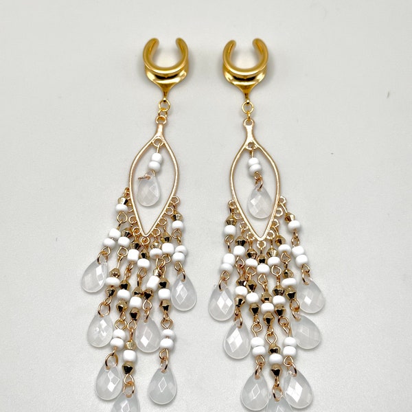 Elegant 2g 6mm to 1 3/16” 30mm Saddle Dangle Plug Earrings, Ear Spreader With Milky White Beaded Chandelier Gold/Brass Hanging Plugs