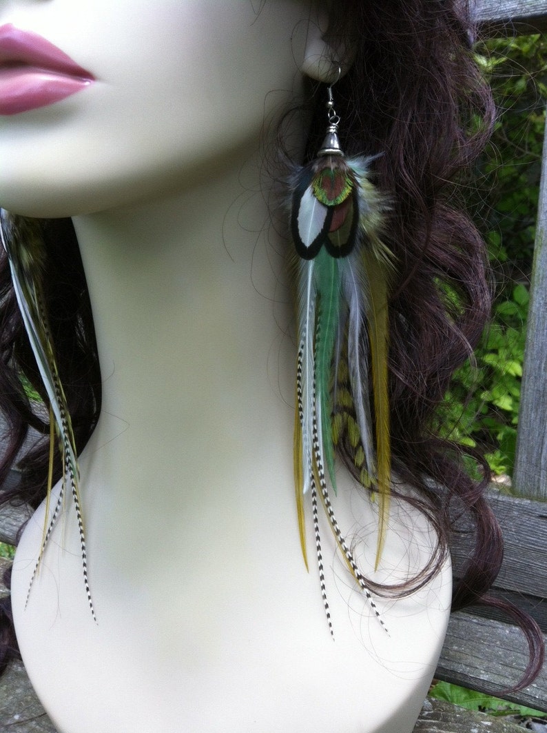 Long Feather Earrings Shades Of Green Boho Hippie Feather Earings image 5