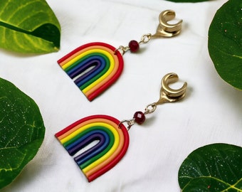 2g 6mm to 1 3/16” 30mm Dangle Ear Plugs Saddle Spreader With Pride Rainbows and Beads Gold/Brass Hanging Plug Earrings