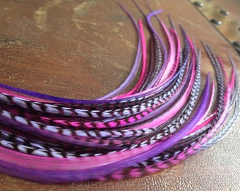 Lilac Pink Purple Grizzly feather extension XL hair accessory feather extensions 9-11inch Bonded Long Hair Feathers