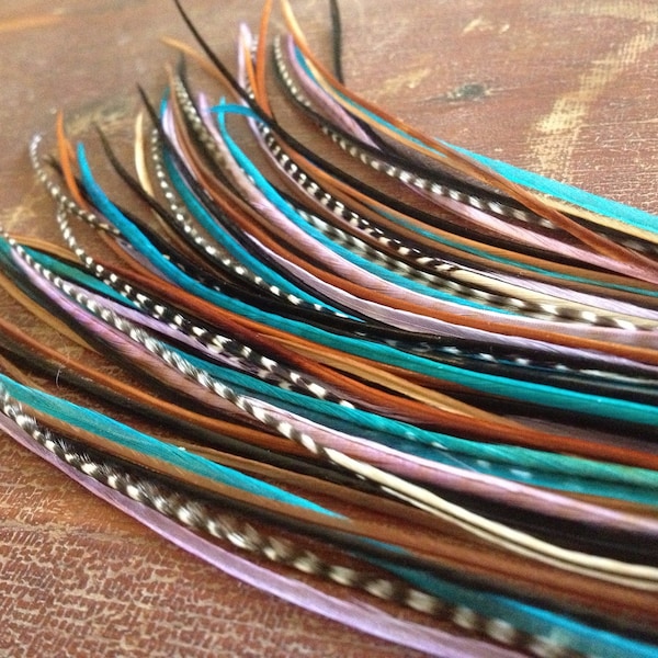 MEDIUM Long Feather Hair Extensions Lavender Turquoise Natural Grizzly Blend - One Bonded 7 hair feather extension