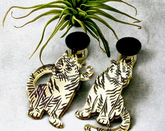 Dangle Plug Earrings Mirrored Tiger, Stud Earrings to 34mm Gold and Black Unique Ear Plugs, Hider Gauges