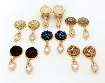 Glitter Druzy Dangle Plugs 000g 7/16" 00g 0g 1g 2g 4g 6g Yellow Gold Crystal Gem Opal Blue Black Silver Rose Gold Fancy Hider Ear Gauges