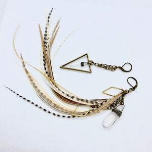 Natural Feather Earrings Asymmetrical with Rhombus Charms and Quartz Crystals, Feather Jewelry Statement Earrings