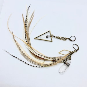 Natural Feather Earrings Asymmetrical with Rhombus Charms and Quartz Crystals, Feather Jewelry Statement Earrings