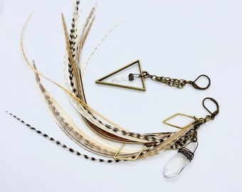 Natural Feather Earrings Asymmetrical with Rhombus Charms and Quartz Crystals, Feather Jewelry Statement Earrings