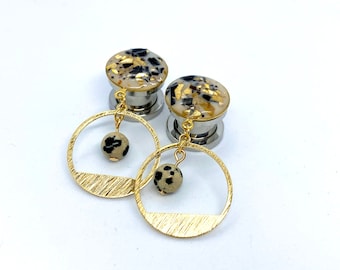 Pendientes de perno de 16 g a 1" (25 mm) Tapones colgantes de brillo de oro negro, tapones para los oídos de calibres con cuentas de jaspe geométrico 19 mm 16 mm 12 mm 14 mm 8 g 6 g 0 g 1 g