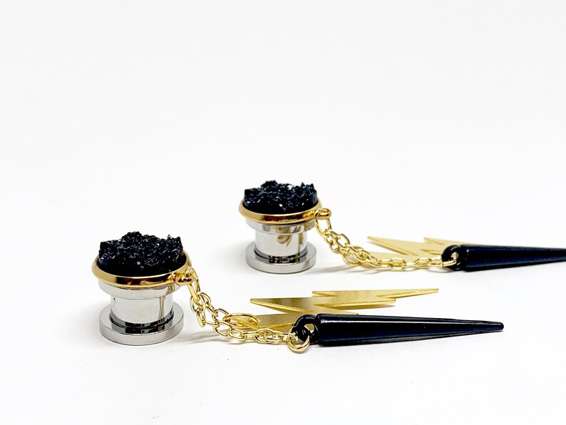 Dangle Gauges Black Spike Lightning Bolt Hanging Plugs Druzy Etsy